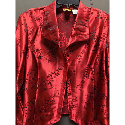 Red long sleeve shirt vINTAGE Asian satin finish brocade collared button Size 16
