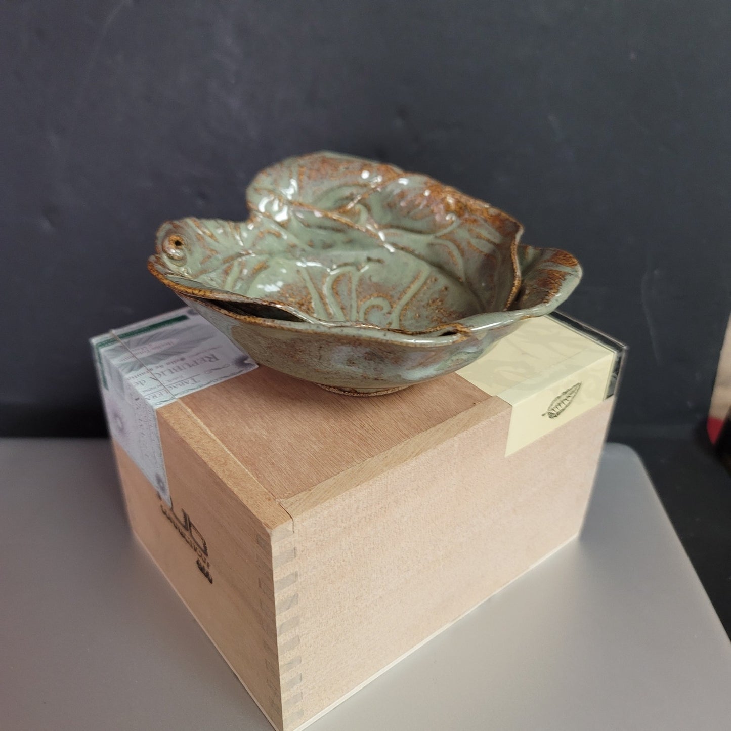 Handmade Art pottery free-form dish signed Nancy clay Red gray bowl flower 5"
