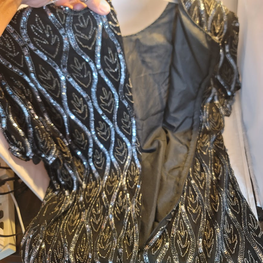 Vintage papell evening Beaded Sequin Short Sleeve Top Blouse Blk Blue Large Silk
