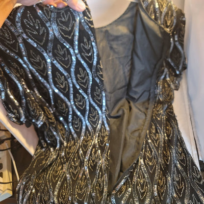 Vintage papell evening Beaded Sequin Short Sleeve Top Blouse Blk Blue Large Silk