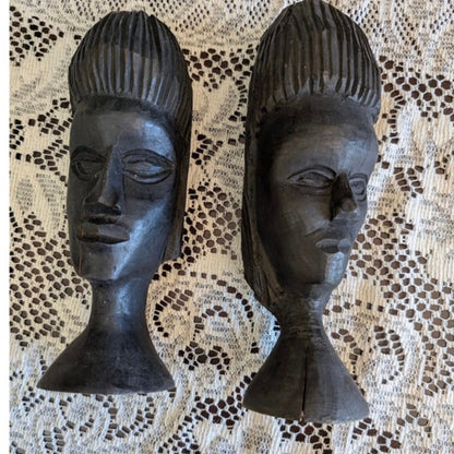 Vintage Hand Carved African Ebony Wood Bust Set Tribal Sculpture Art Duo