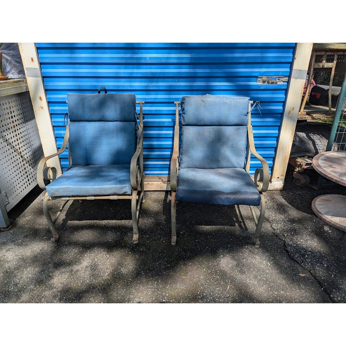 SECONDHAND SANDIES: Pair of outdoor metal chairs with cushions