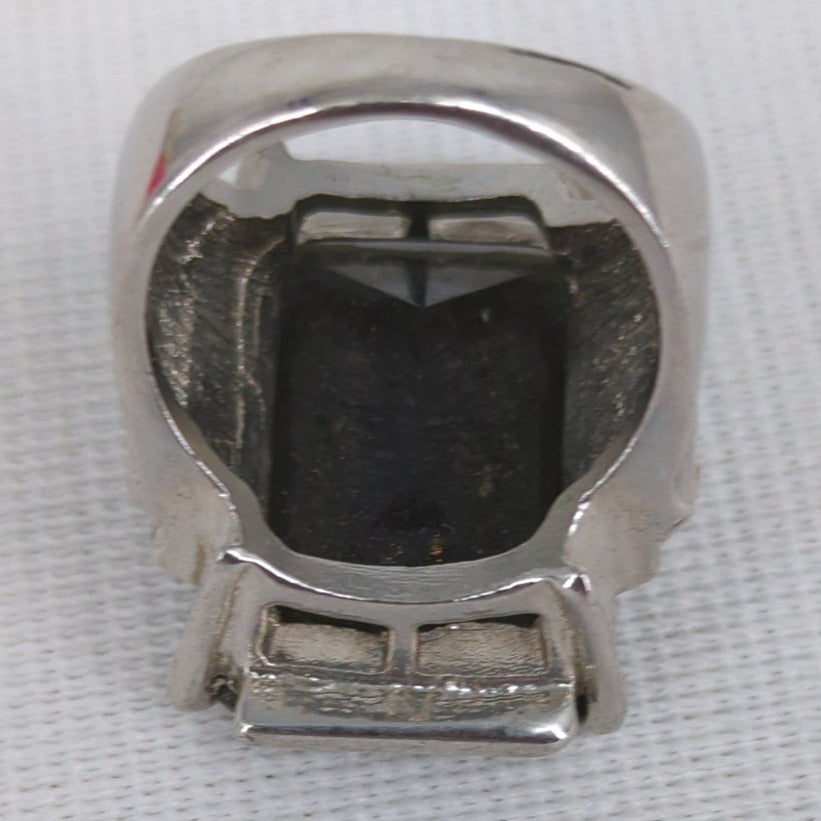 Vintage Silver Tone Black Onyx Style Emerald Cut Statement Ring Glamour Size 10