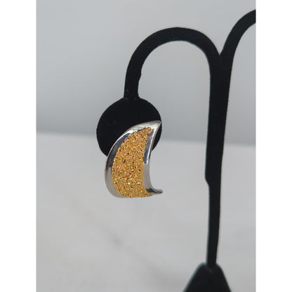 Vintage 90s Two Tone Gold Glitter Crescent Moon Clip On Statement Earrings