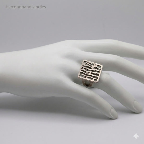 Size 8.5 Brutalist Silver 925 Ring Square MCM Industrial Open design