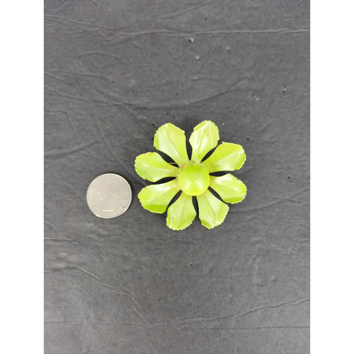 Vintage Enamel Flower Brooch Pin Chartreuse Lime Green Gold Tone Retro