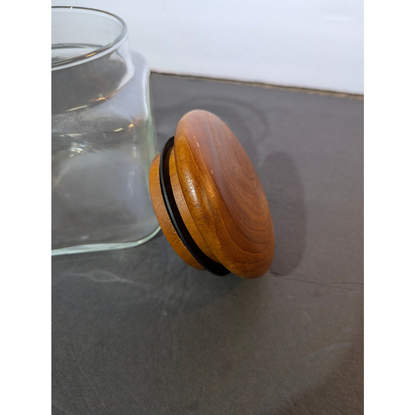 Vintage MCM Clear Glass Canister with Teak Sealed Lid 5" apothecary storage