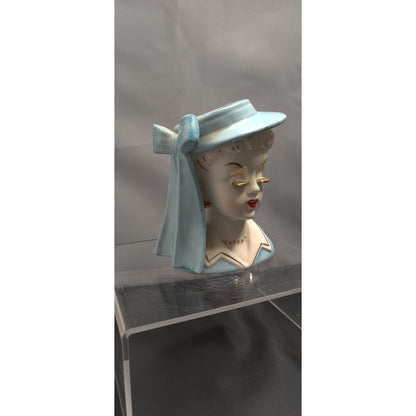 Vintage Irice Japan Lady Headvase Blue Hat Mid Century Kitsch Retro Collectible!