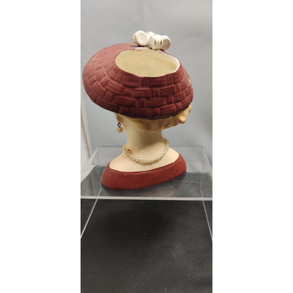 Inarco 1961 Lady Headvase Planter MCM Kitsch Burgundy Hat Retro Decor Vase Rare!