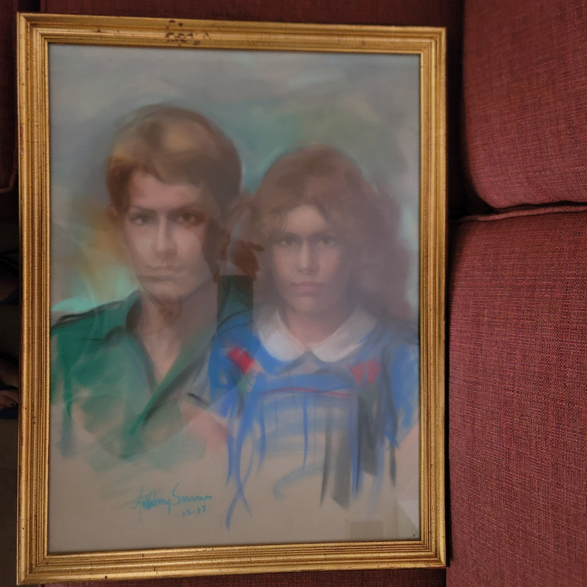 Couple Chalk Pastel painting Vintage LARGE framed glass 20x16 Anthony