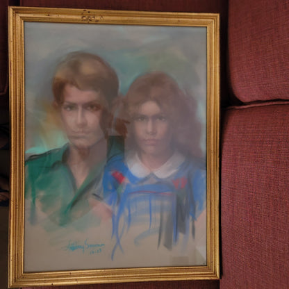 Couple Chalk Pastel painting Vintage LARGE framed glass 20x16 Anthony