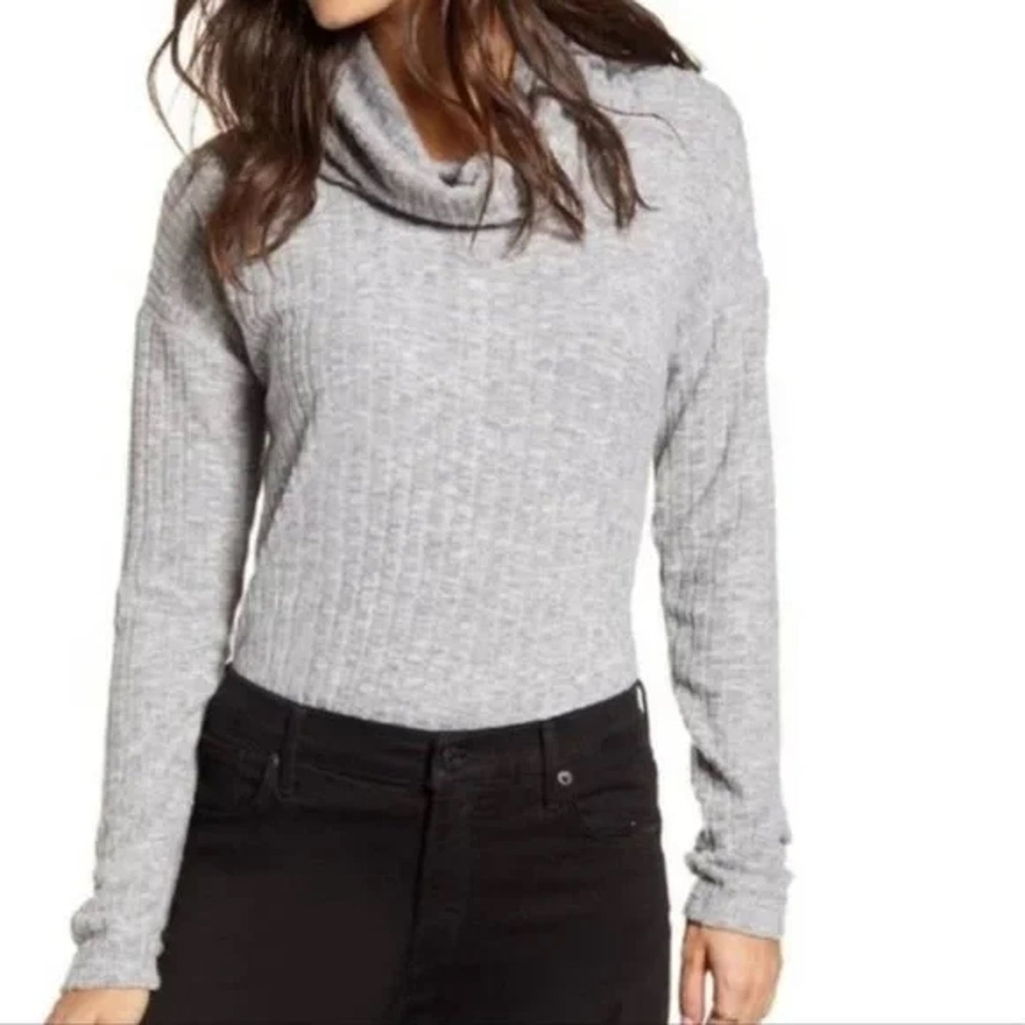 BP Womens Rib Knit Cowl Neck Long Sleeve Soft Stretchy Sweater Sz small Gray NWT