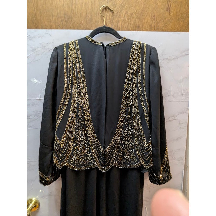 Jack Bryan Vintage Black Silk Beaded Sequin Formal Gown XL 80s Glam Luxe