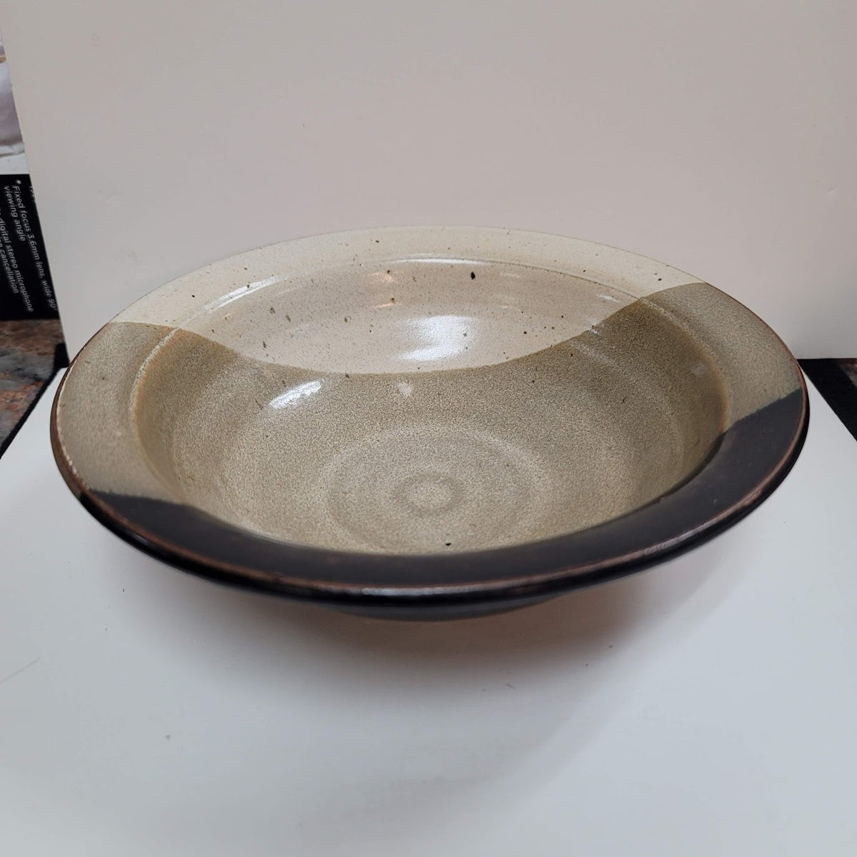 Handmade 1980s art pottery earthtone Signed Rusty 80 bowl 8.5" Brown Cream Tan