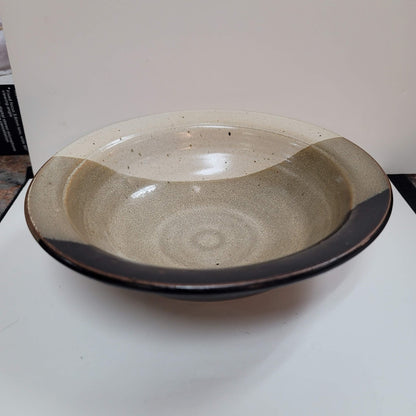Handmade 1980s art pottery earthtone Signed Rusty 80 bowl 8.5" Brown Cream Tan