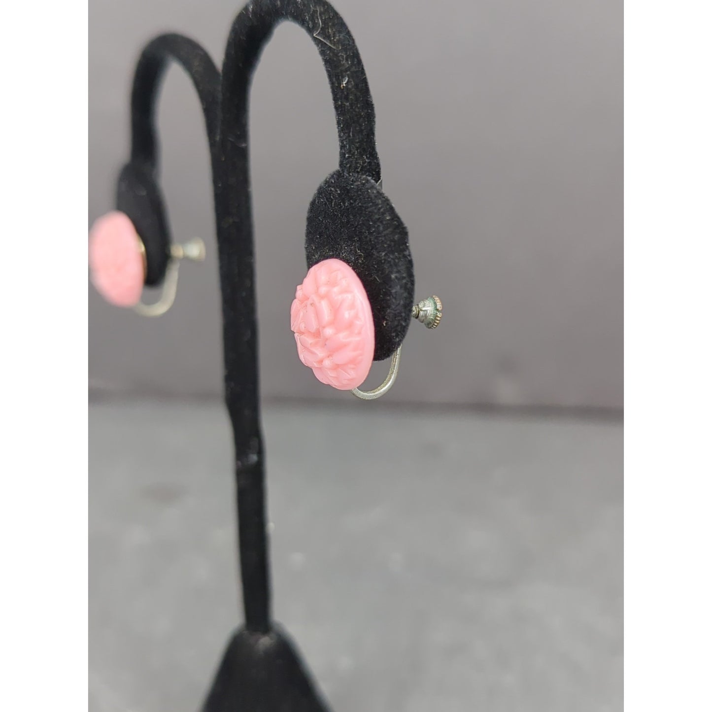 Vintage Pink Round Disc Dangle Earrings Retro Screw Back Clip On 1960s