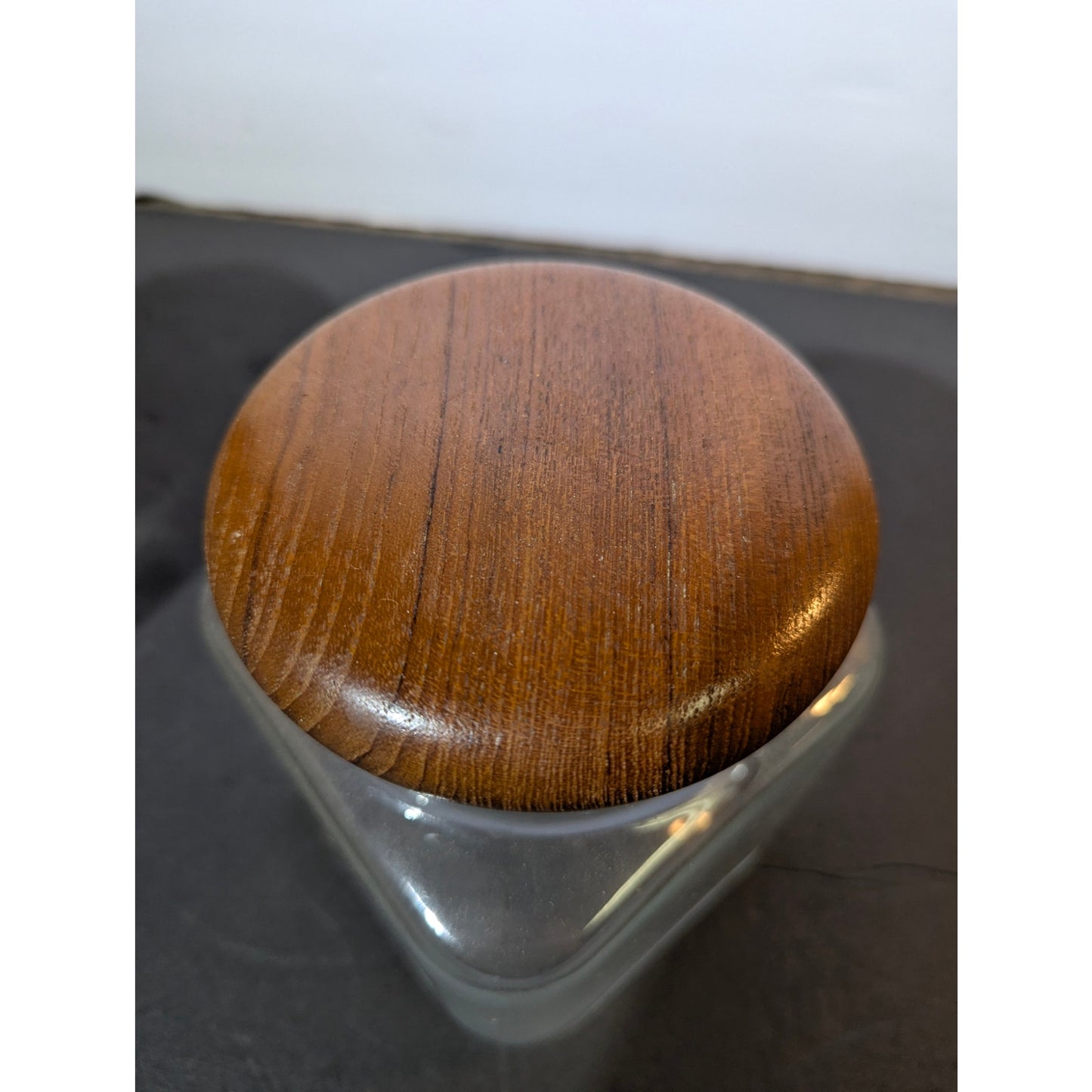Vintage MCM Clear Glass Canister with Teak Sealed Lid 5" apothecary storage