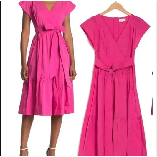 MELLODAY Fushia Pink Poplin Cotton Belted Tie Dress XL Flutter Sleeve Nordstrom