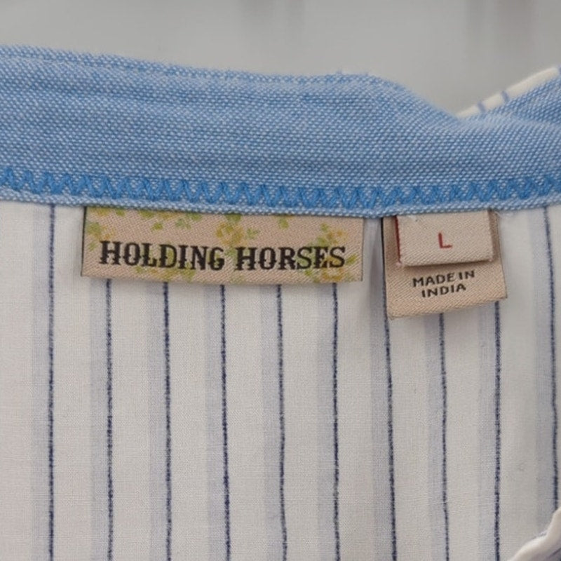 holding horses Size Large Blue white striped babydoll blouse top Anthropologie