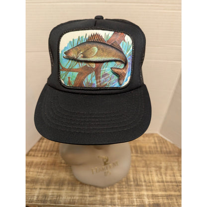 Vintage Bass Fish Graphic Black Trucker Snapback Baseball Cap Hat Y2K