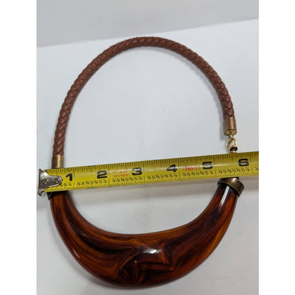 Vintage Statement Faux Tortoise Shell Crescent Choker Braided Leather Strap Y2K