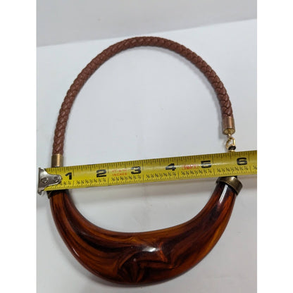 Vintage Statement Faux Tortoise Shell Crescent Choker Braided Leather Strap Y2K
