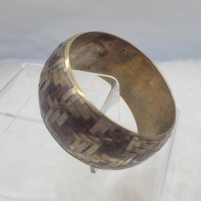 Vintage Mixed Metal Basketweave Bangle Bracelet Brass Copper Silver Tone