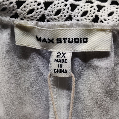 Max Studio White Lace-Trim V-Neck Blouse: Breezy Casual Short Sleeve Top Size 2X