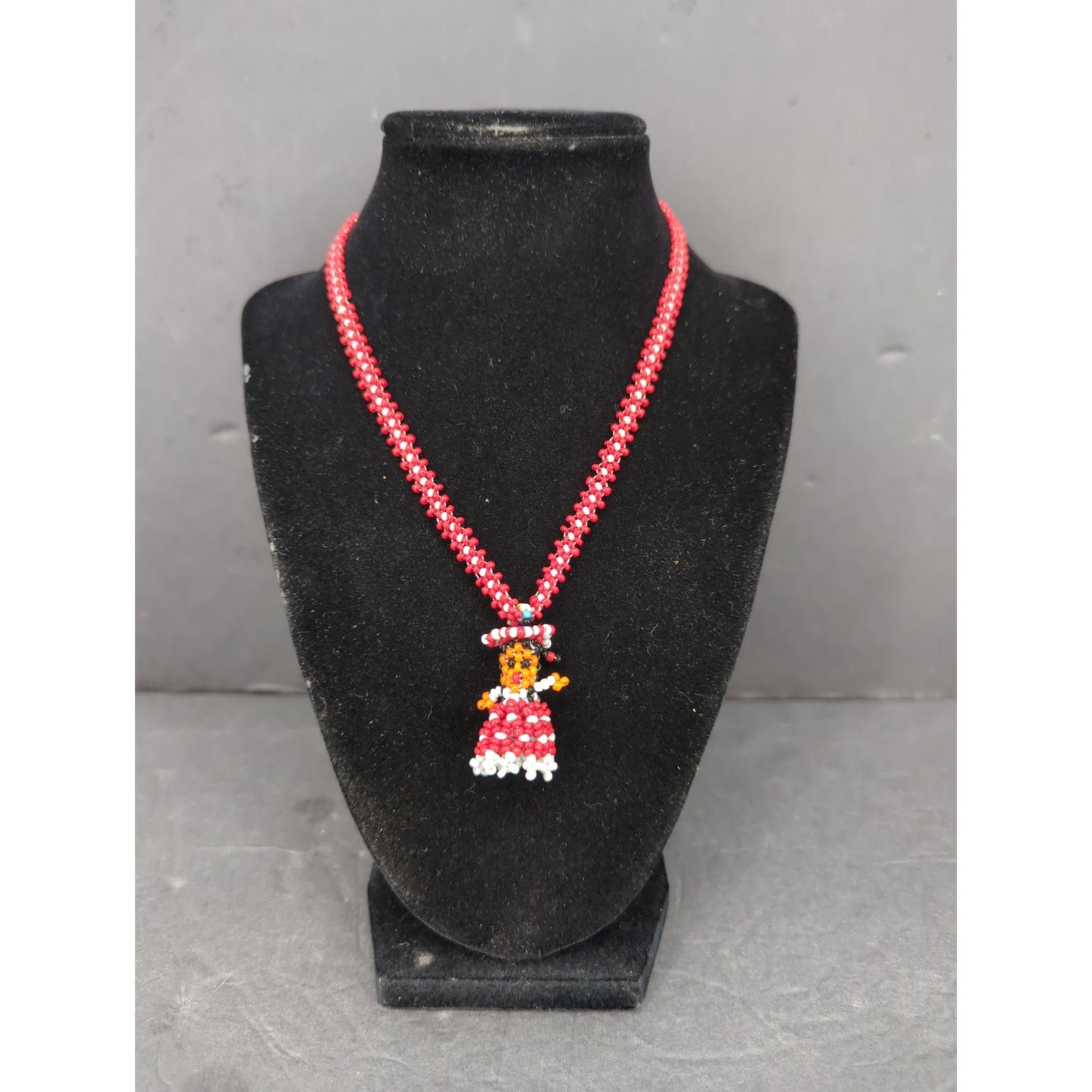 Vintage Folk Art Beaded Doll Pendant Necklace Red & White Mexican Otomi Style