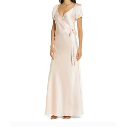 WAYF The Bea Faux Wrap V-Neck Dress New Satin Maxi Formal Wedding PINK Size 8