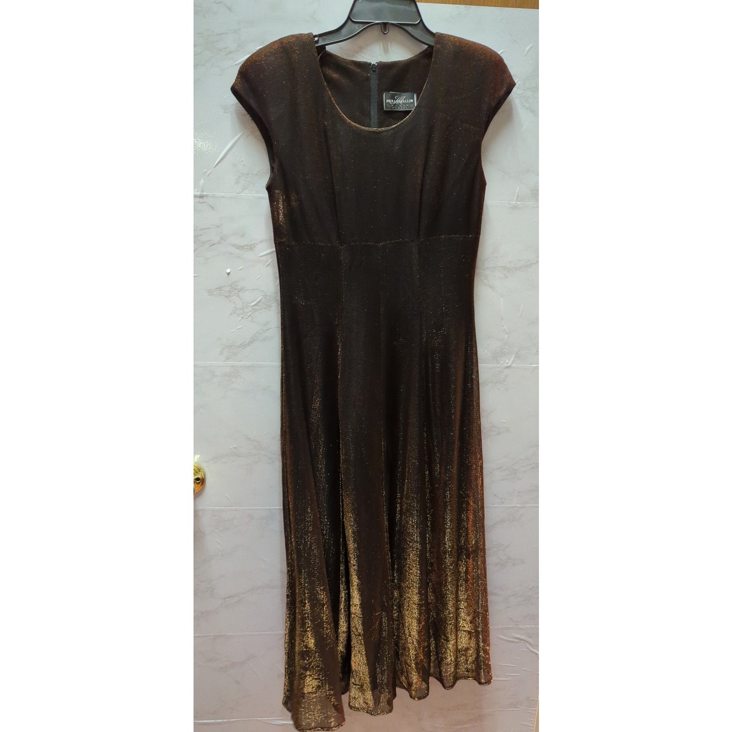 Molly Malloy Evening Petites Bronze Metallic Shimmer Cap Sleeve Midi Dress Small