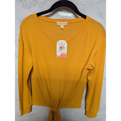 Walking Sunshine Size Large top shirt Mustard waffle knot long sleeve tie waist