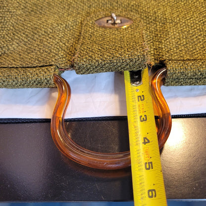 Vintage Woven Avocado Green Tortoise Lucite Handle Twist Lock Purse Bag Tote