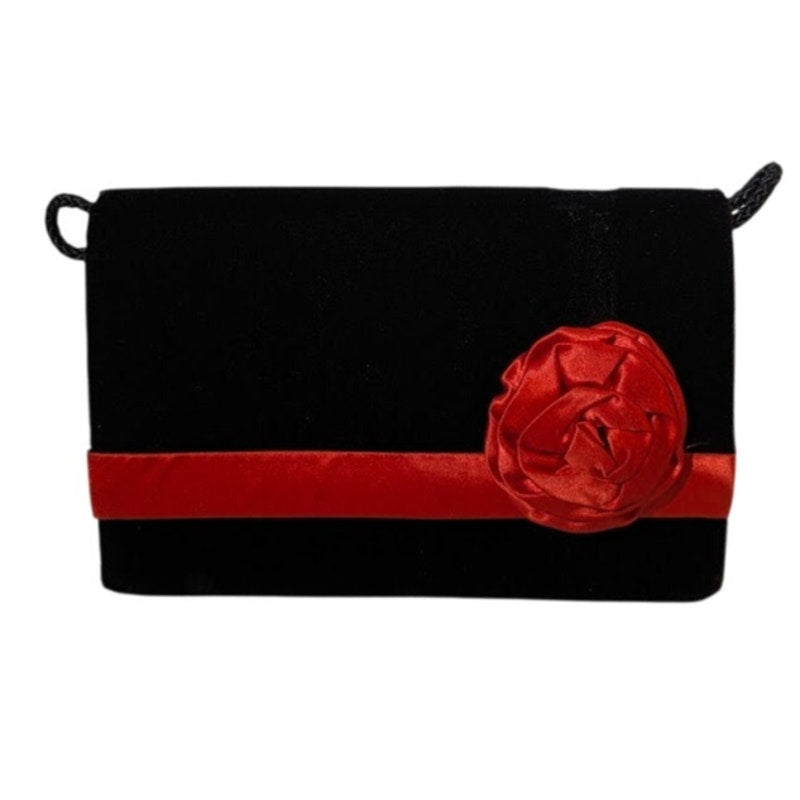 Vintage 80s Glam Black Velvet Clutch Bag Red Satin Rosette Ribbon Retro Evening