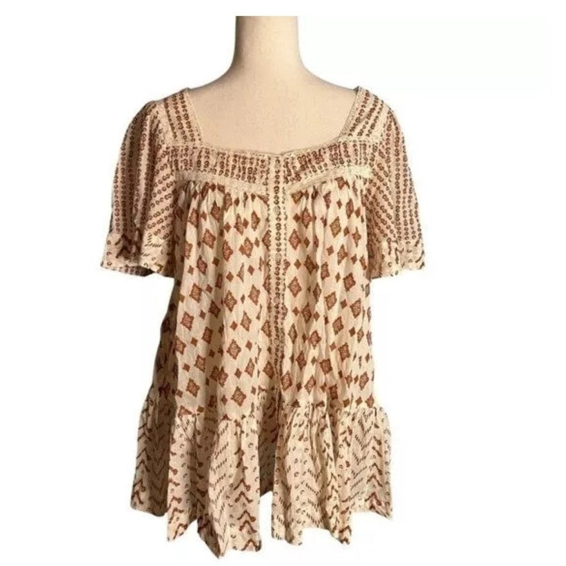 Free People SMALL  Mini Dress Tunic Short Sleeve Square Neck Brown Ivory Print