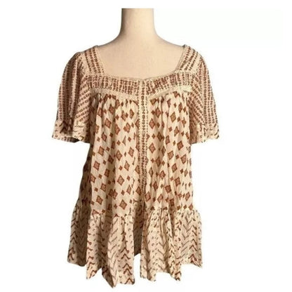 Free People SMALL  Mini Dress Tunic Short Sleeve Square Neck Brown Ivory Print