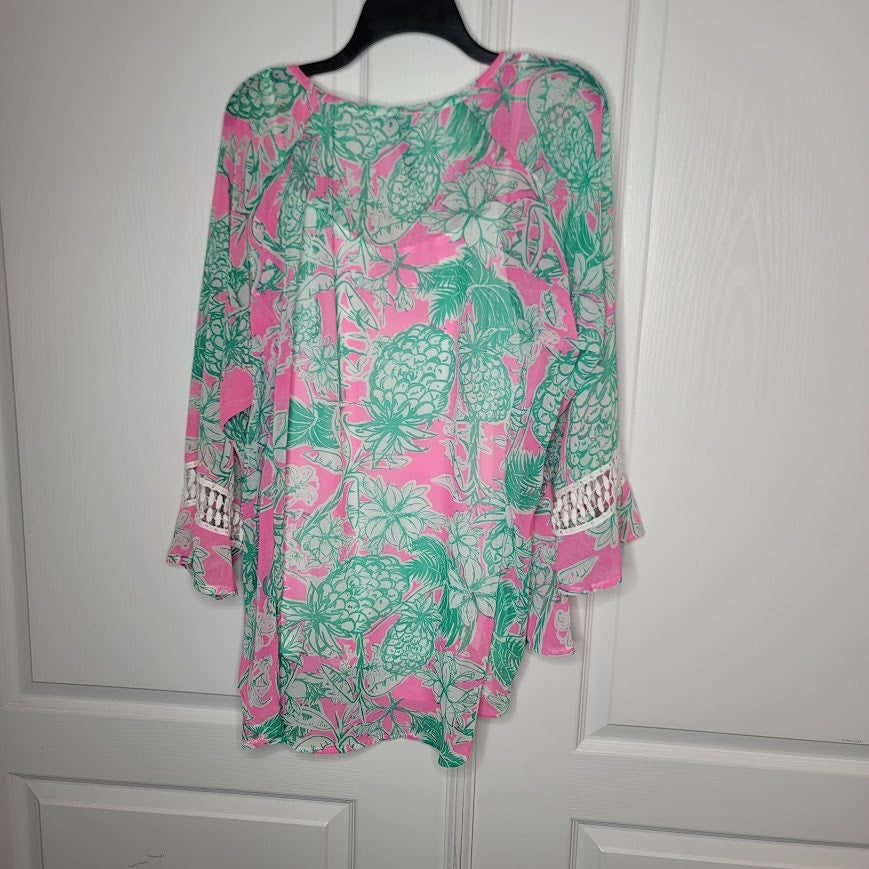 Casey Key Pink & Green Pineapple Lace Bell Sleeve Hi-low Chiffon Blouse XX-Large