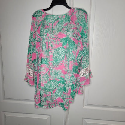 Casey Key Pink & Green Pineapple Lace Bell Sleeve Hi-low Chiffon Blouse XX-Large