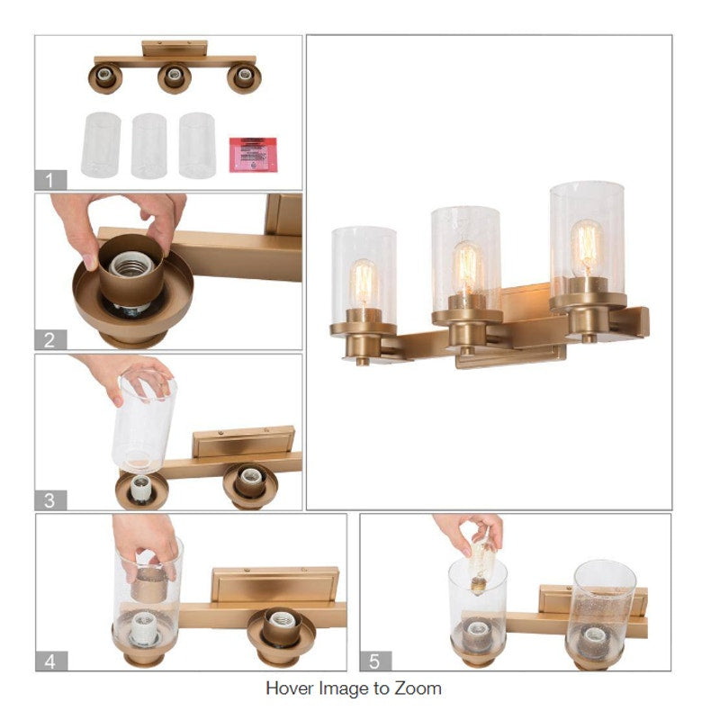 LNC  Industrial 3-Light Dark Gold Bathroom Vanity Light Wall Light Seeded Glass