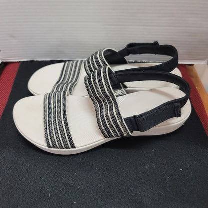 Clarks Arla Stroll Size 12 Sandals Elastic adjustable Strap White Black Stripes