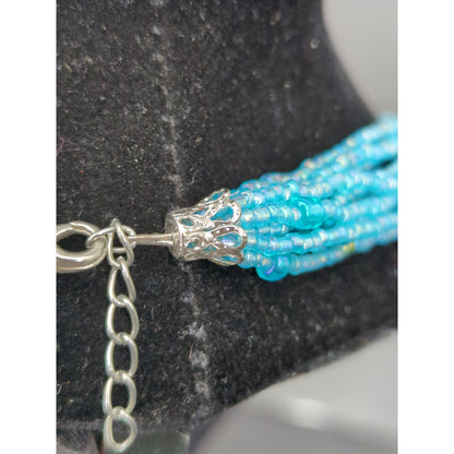 Turquoise Blue Multi Strand Seed Bead Necklace Dangle Earrings Set