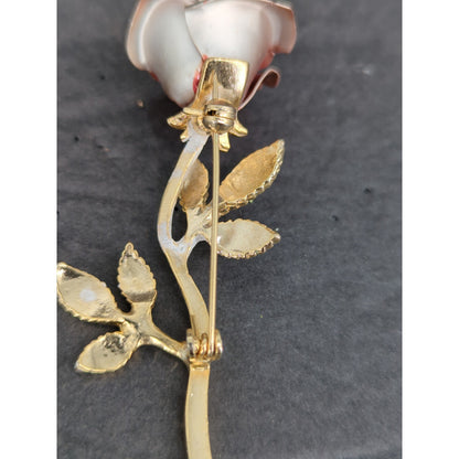 Vintage Metal Rose Flower Stem Brooch Pin Gold Tone Carved Style Petals