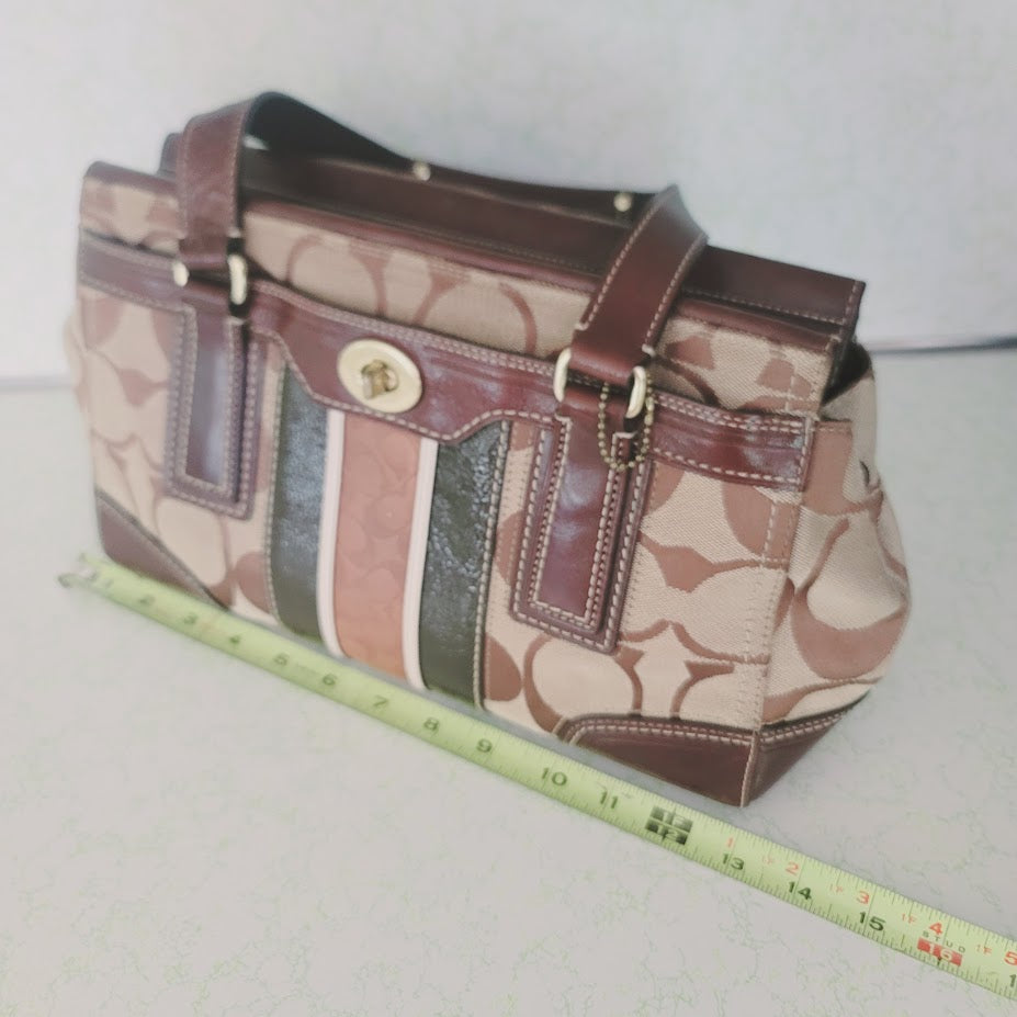 Coach Signature Stripe Gallery Tote Satchel Bag Brown Canvas Leather Trim Y2K