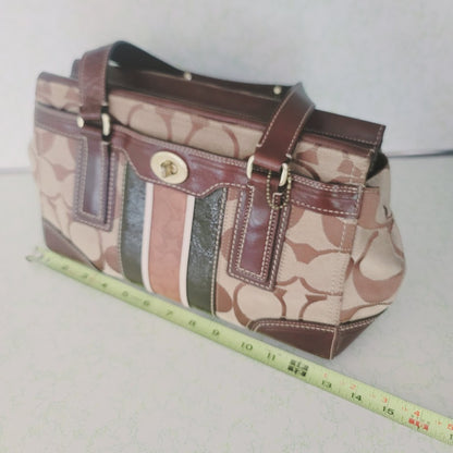 Coach Signature Stripe Gallery Tote Satchel Bag Brown Canvas Leather Trim Y2K