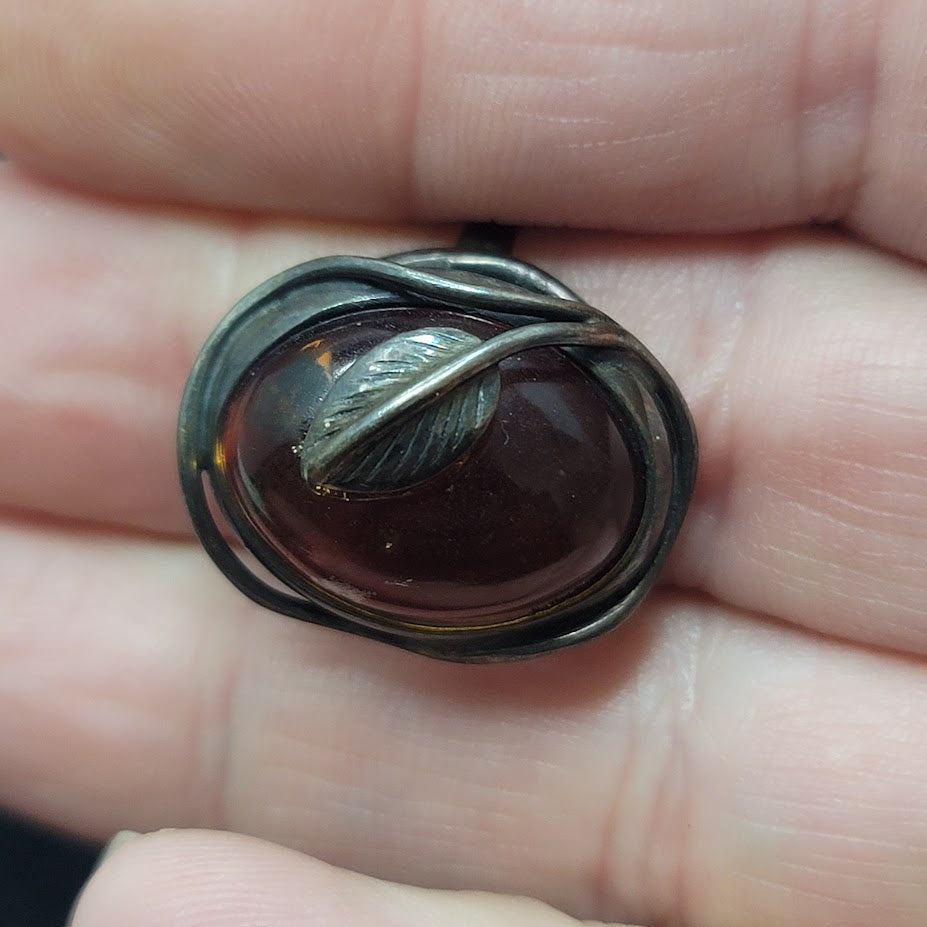 Vintage Navajo Modernist Baltic Amber & .925 Silver Ring