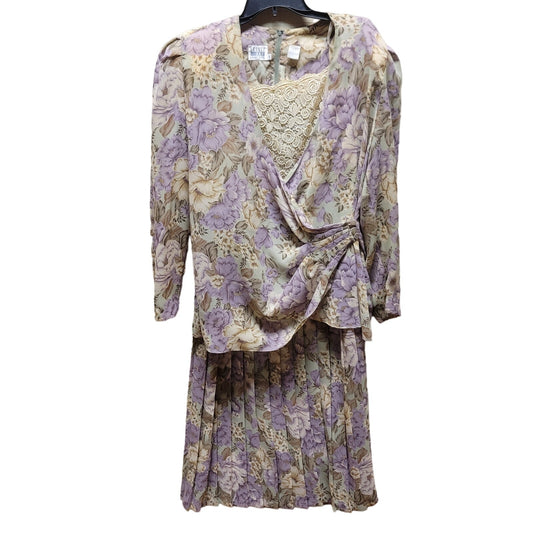 Vintage Leslie Fay Size 16 dress Long Sleeve 1980s Prairie Purple Cream Floral