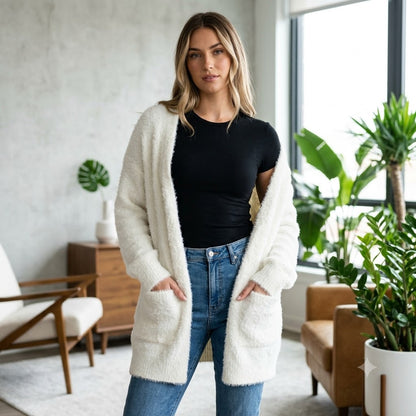 Sanctuary Women 2X Fuzzy White Knit Cardigan Sweater Pockets Cozy Minimalist NWT