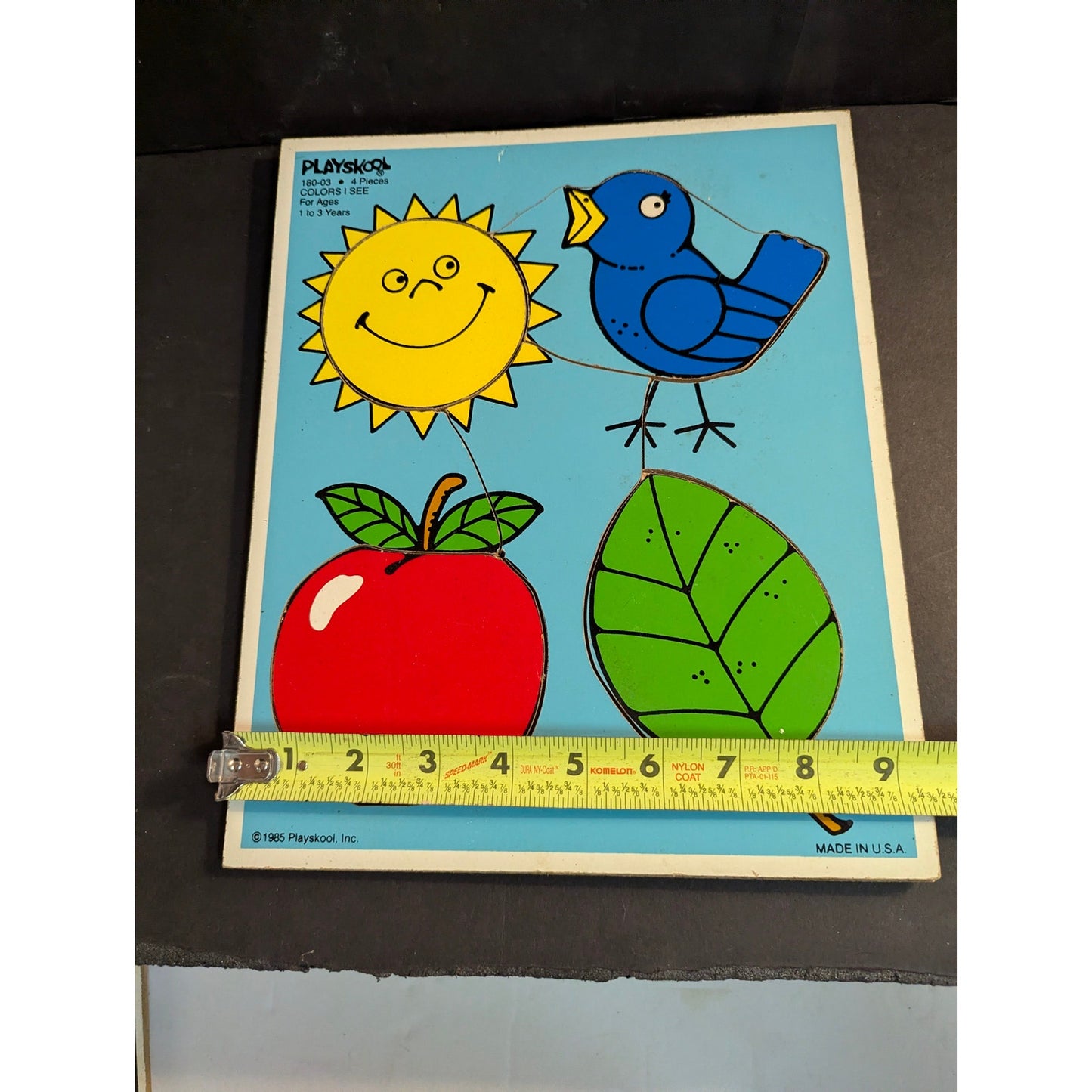 Vintage 1985 Playskool Wood Inlay Tray 1-3 yr old Puzzle Sun Bird Apple Leaf USA