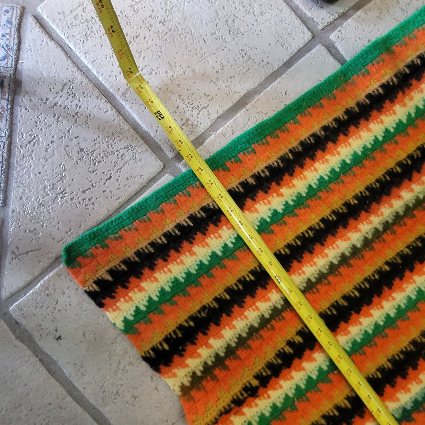 Handmade Wool throw 1970s FLAME Brown Yellow orange Green Gold CABIN 42" x 56"