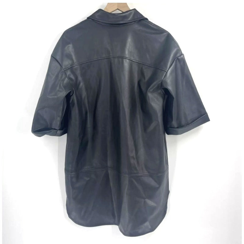 Topshop Dress Black Faux Leather Oversized Shirtdress Women Size 2 NEW